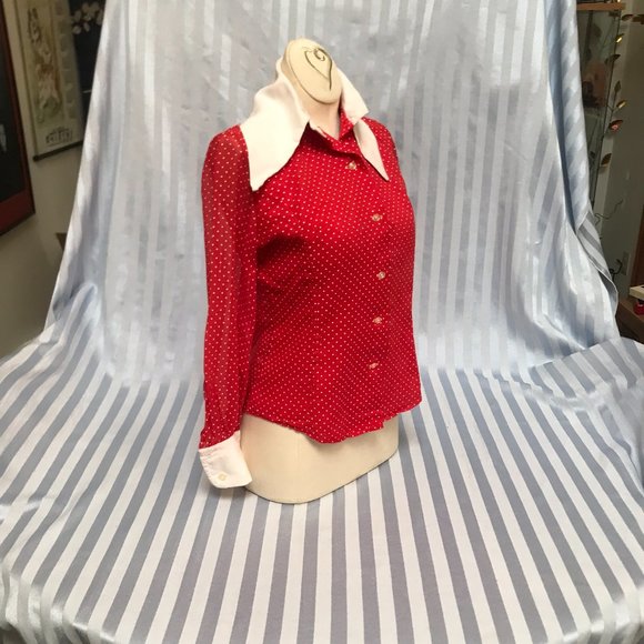 Vtg 1960s Red Blouse w/High White Collar/Polka-dots - Picture 2 of 5